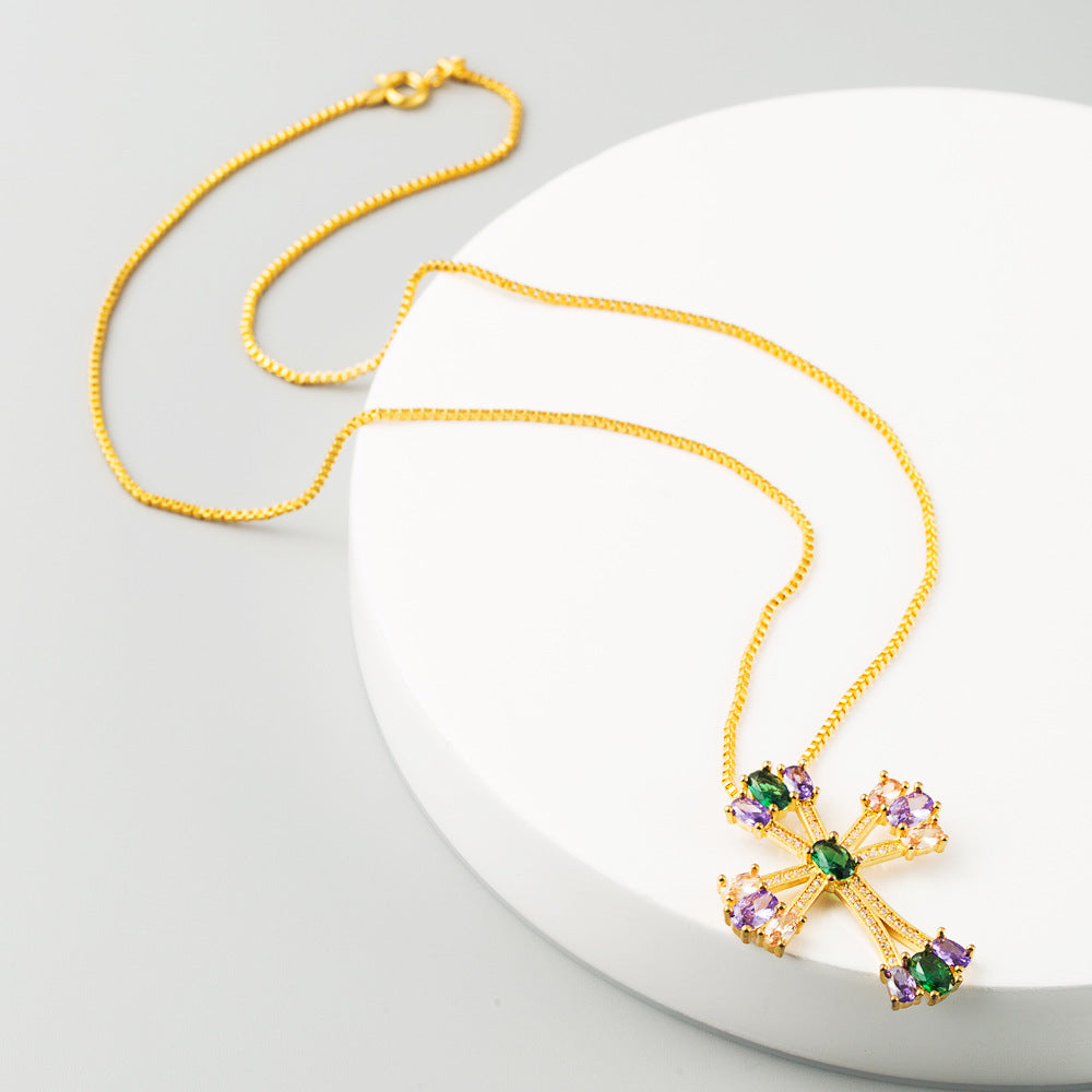 Wholesale Cross Shaped Copper Inlaid Colored Zircon Necklace