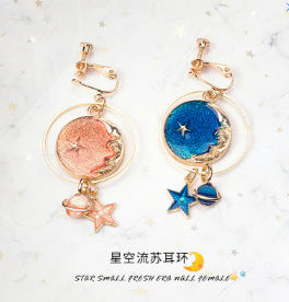 Wholesale Girl' s Heart Asymmetric Earrings Blue Star Moon Universe Planet Earrings