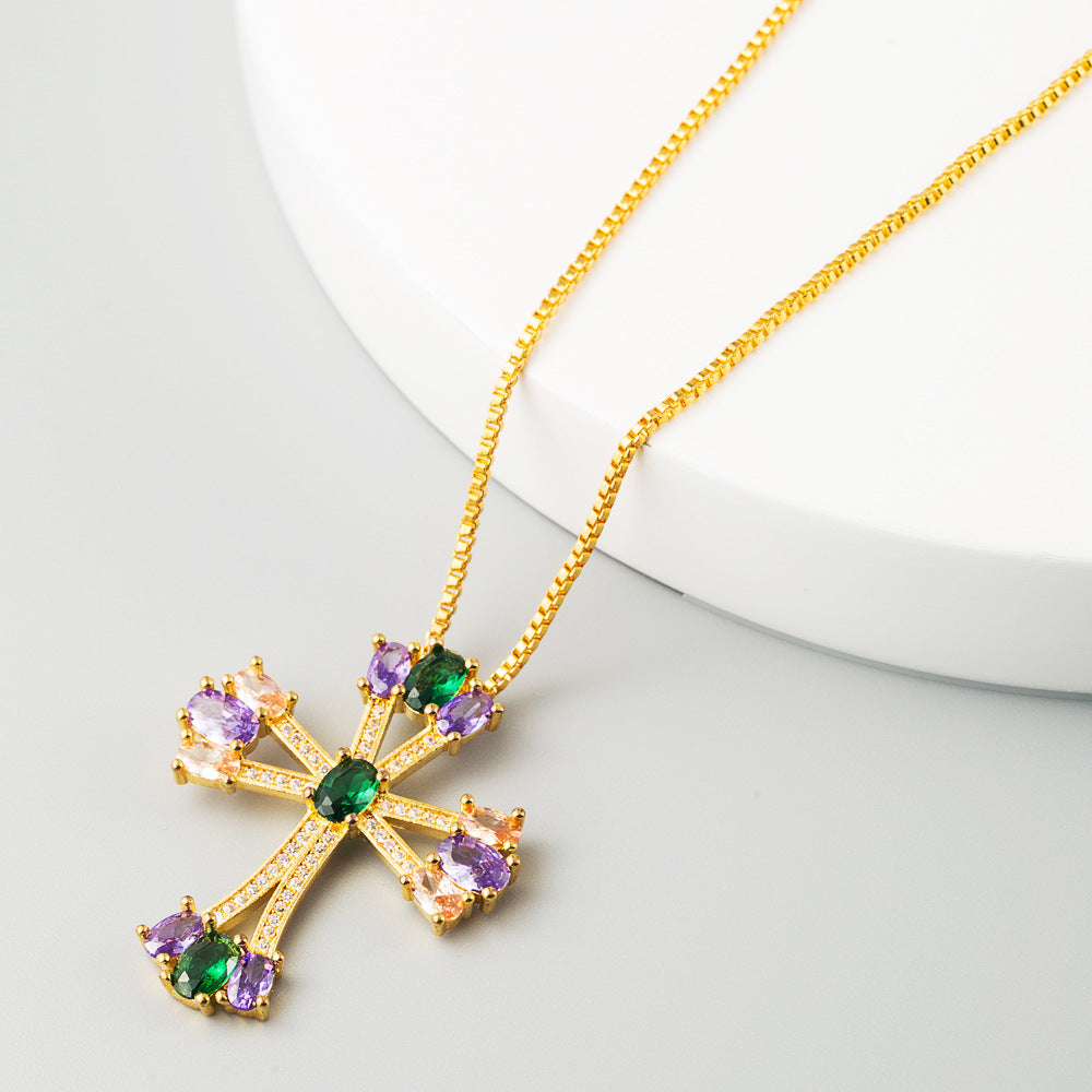 Wholesale Cross Shaped Copper Inlaid Colored Zircon Necklace