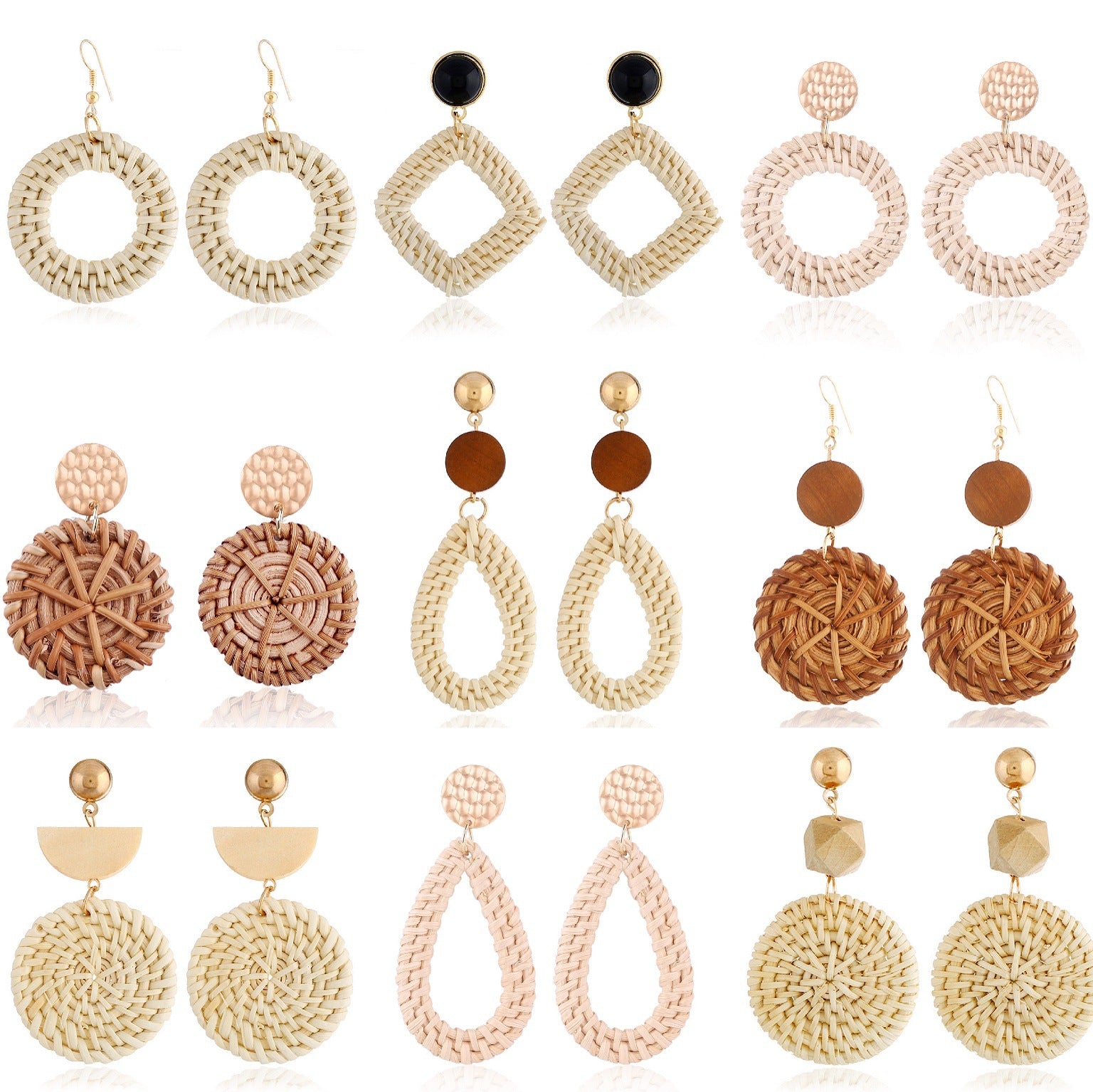 Wholesale Wooden Bohemian Bamboo Rattan Handmade Woven Rattan Earrings