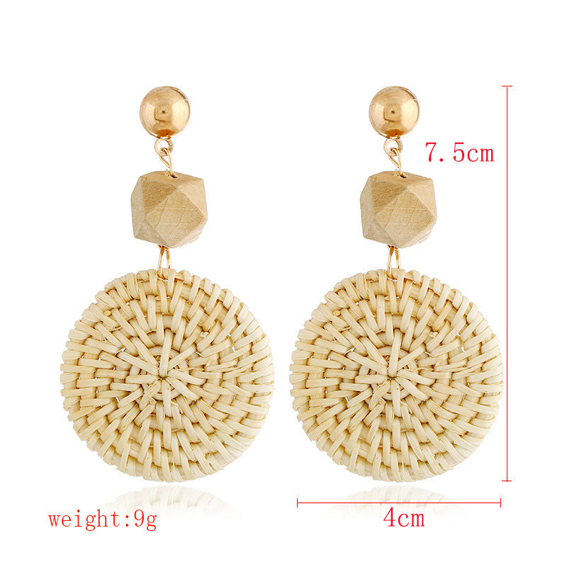 Wholesale Wooden Bohemian Bamboo Rattan Handmade Woven Rattan Earrings
