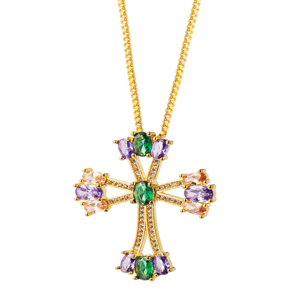 Wholesale Cross Shaped Copper Inlaid Colored Zircon Necklace