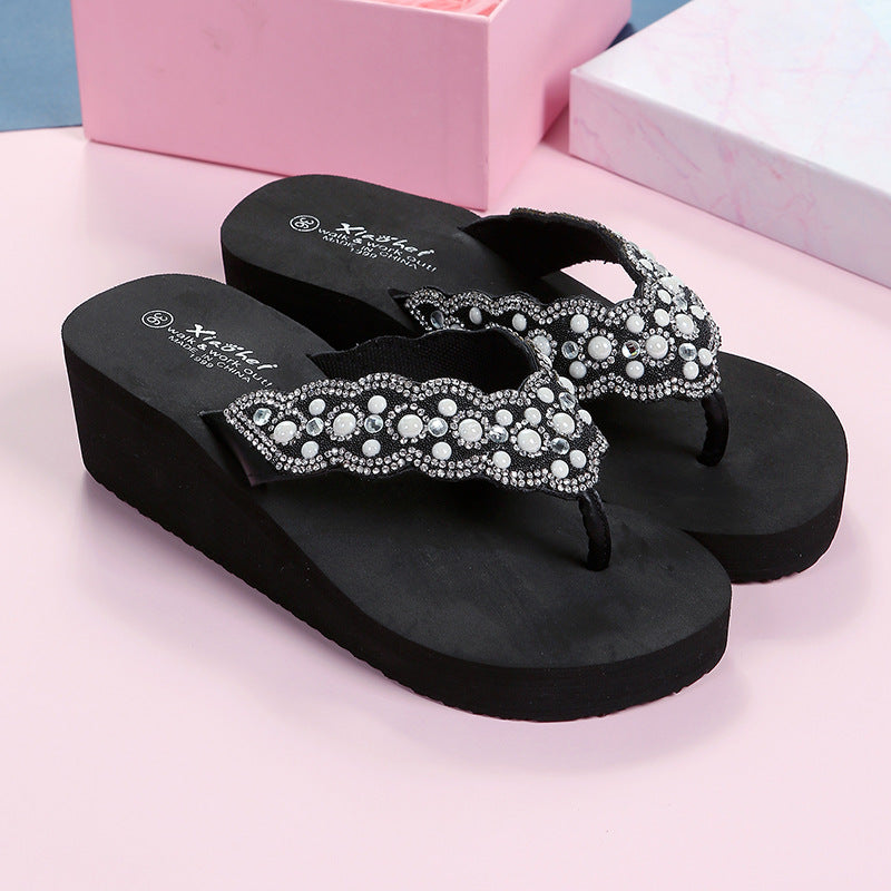 Wholesale Breathable Pearl Outdoor Wedge Heel Flip Flops