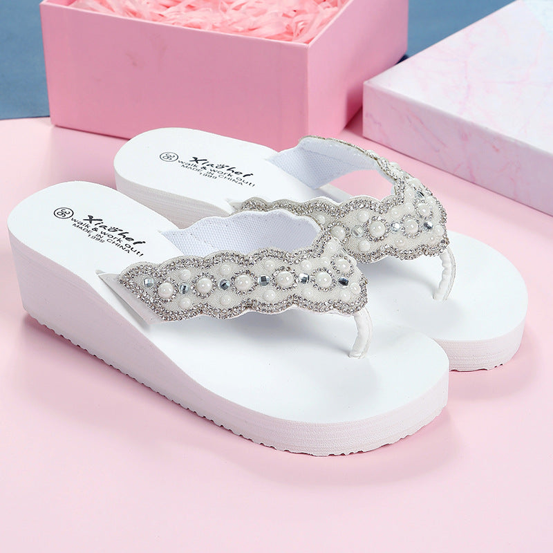 Wholesale Breathable Pearl Outdoor Wedge Heel Flip Flops