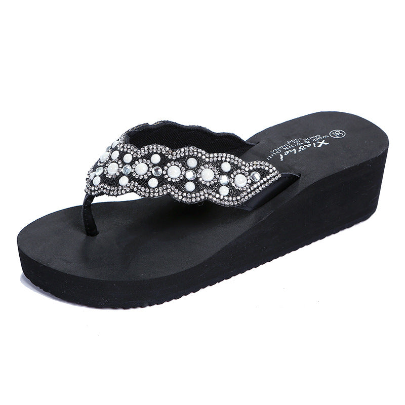 Wholesale Breathable Pearl Outdoor Wedge Heel Flip Flops