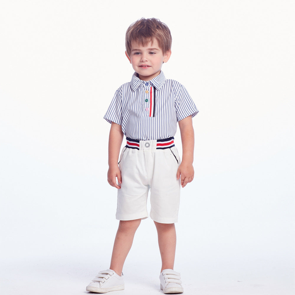 Wholesale Boys' Cotton Lapel Short Sleeved Striped Shirt Casual Pants Set