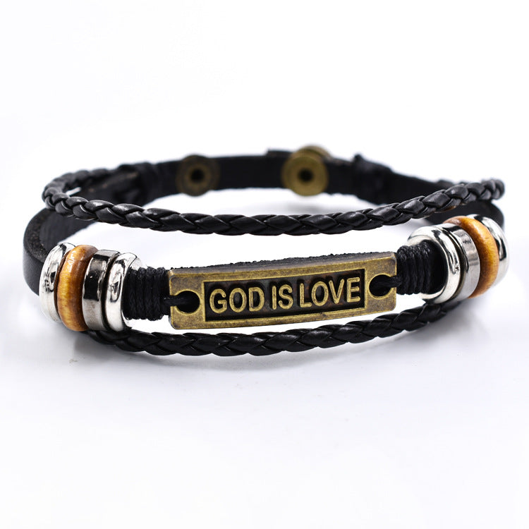 Wholesale Genuine Leather god is love Letters Multilayer Leather Woven Bracelet