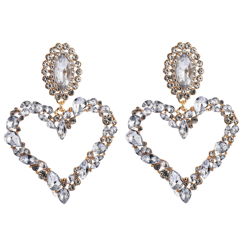 Wholesale Popular Heart-shaped Alloy Inlaid with Colored Diamonds Retro Temperament Exaggerated Super Shiny Full Diamond Earrings