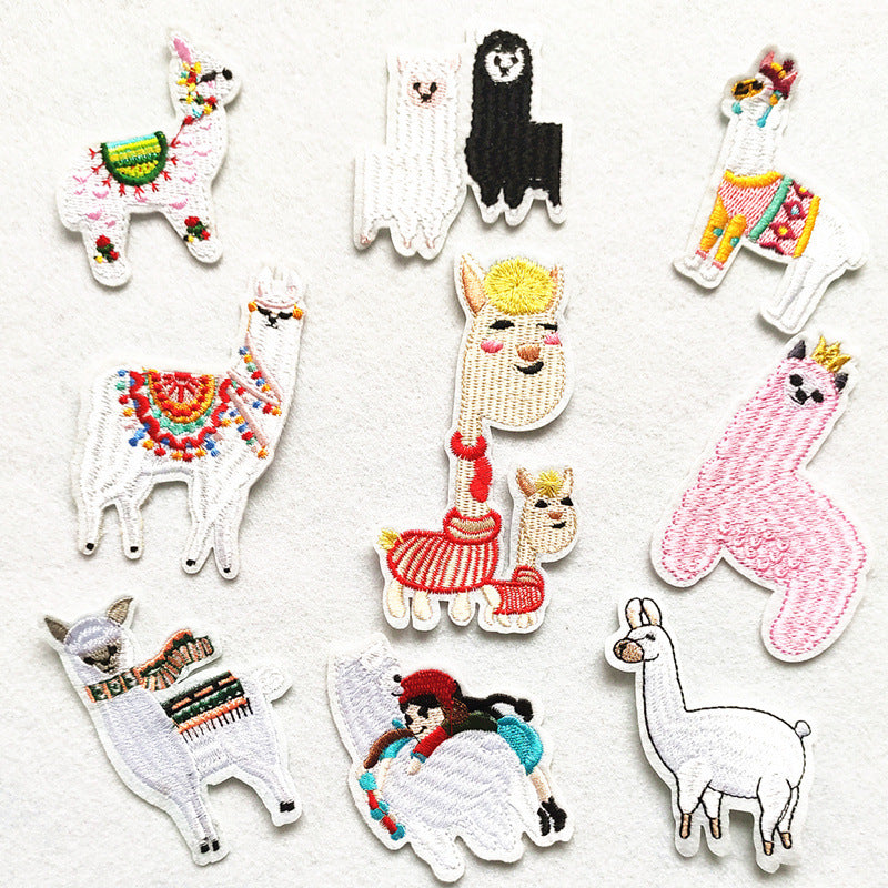 Wholesale Cartoon Alpaca Embroidered Cloth Patches 9 Piece Set Kids Clothing Coat Decorative Sew On Appliques DIY Hole Repair Gift