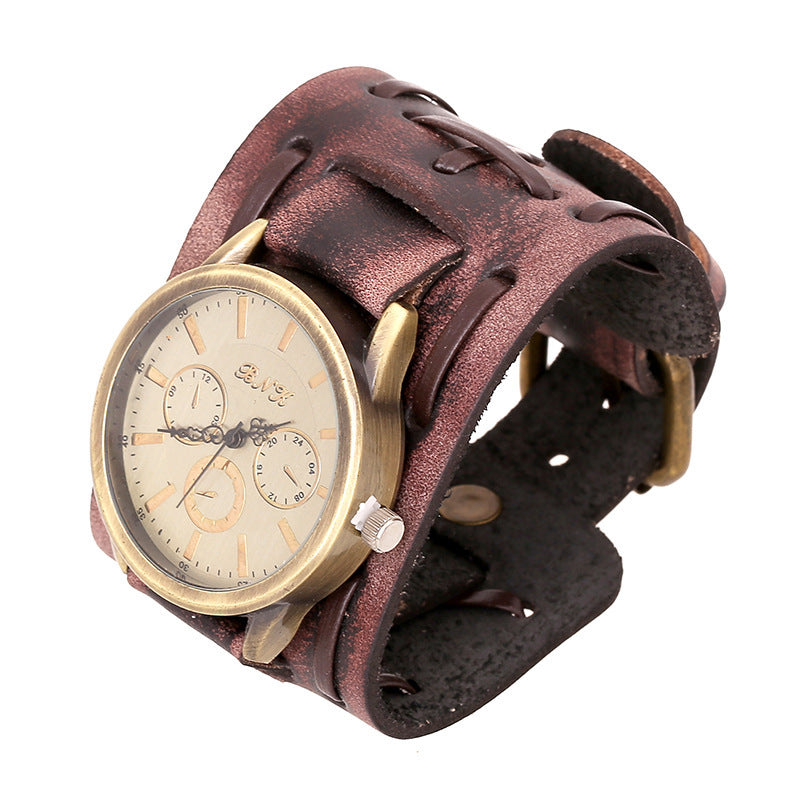 Wholesale Vintage Woven Cowhide Bracelets, Wide Leather Punk Watches