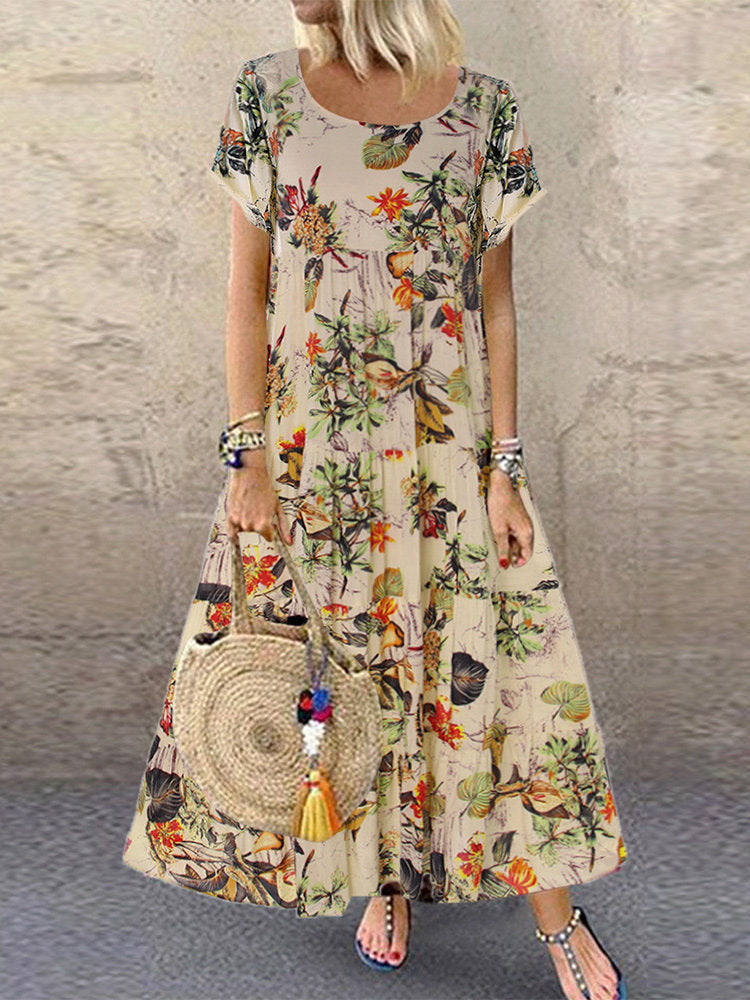 Wholesale Vintage Cotton and Linen Floral Print Short Sleeve Round Neck Dress