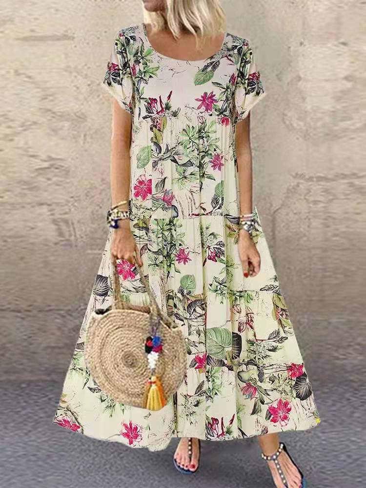 Wholesale Vintage Cotton and Linen Floral Print Short Sleeve Round Neck Dress