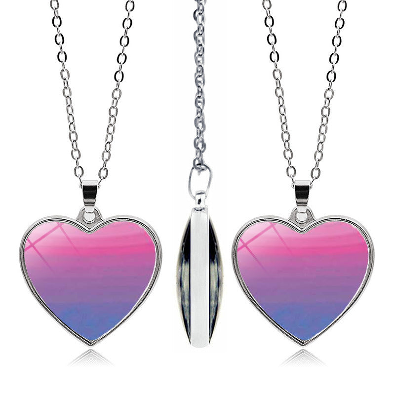 Wholesale Rainbow Time Gem Peach Heart Double Sided Pendant Alloy Necklaces