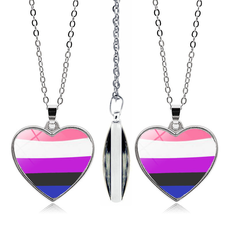 Wholesale Rainbow Time Gem Peach Heart Double Sided Pendant Alloy Necklaces