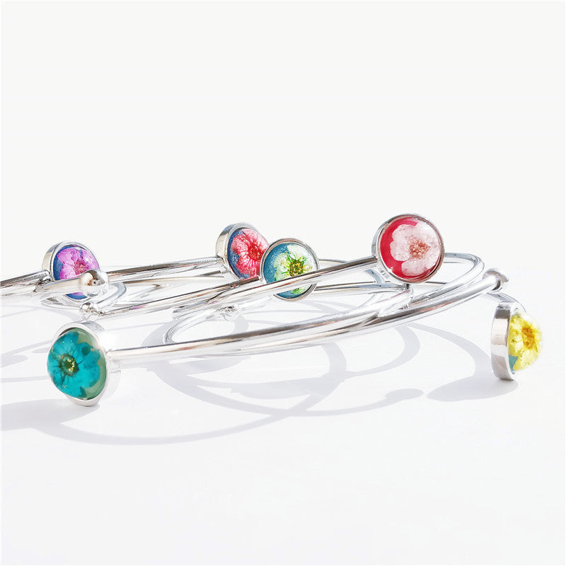 Wholesale 12pcs Resin Natural Dried Flower Alloy Open Bracelets