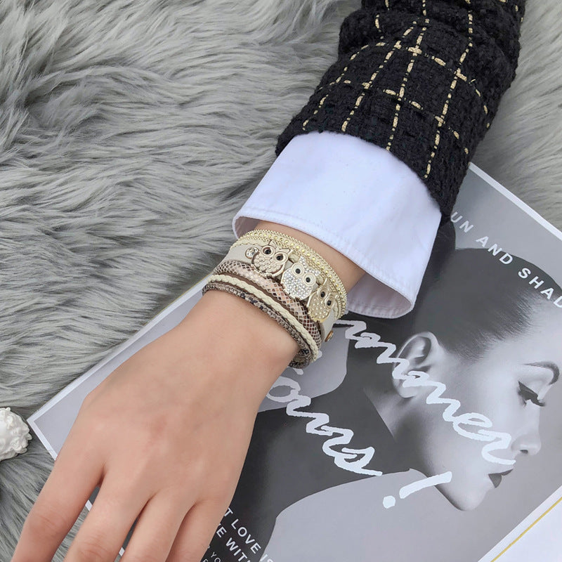 Wholesale Diamond Magnetic Buckle Creative Owl Decorated Bohemian Leather Bracelet