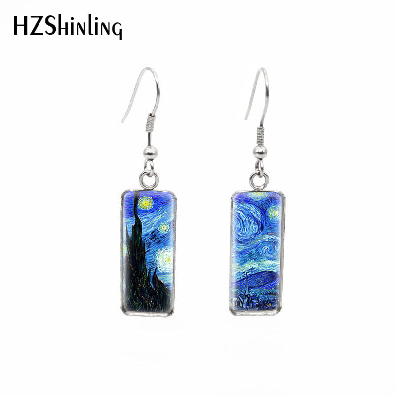 Wholesale Starry Sky Time Gemstone Rectangular Glass Earrings