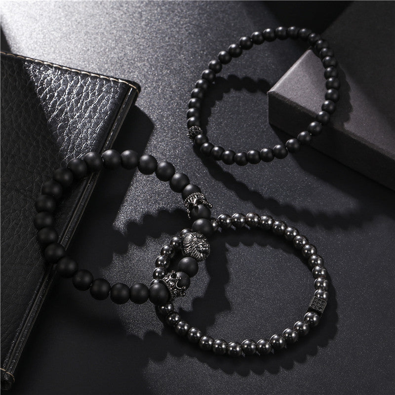 Wholesale vintage black frosted bracelet zircon crown diamond ball dice lion head beads bracelet suit