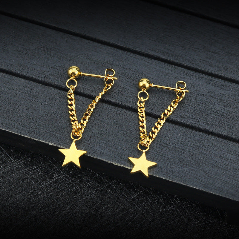 Wholesale 6pcs five-pointed star simple fashion titanium steel tassel long pendant earrings