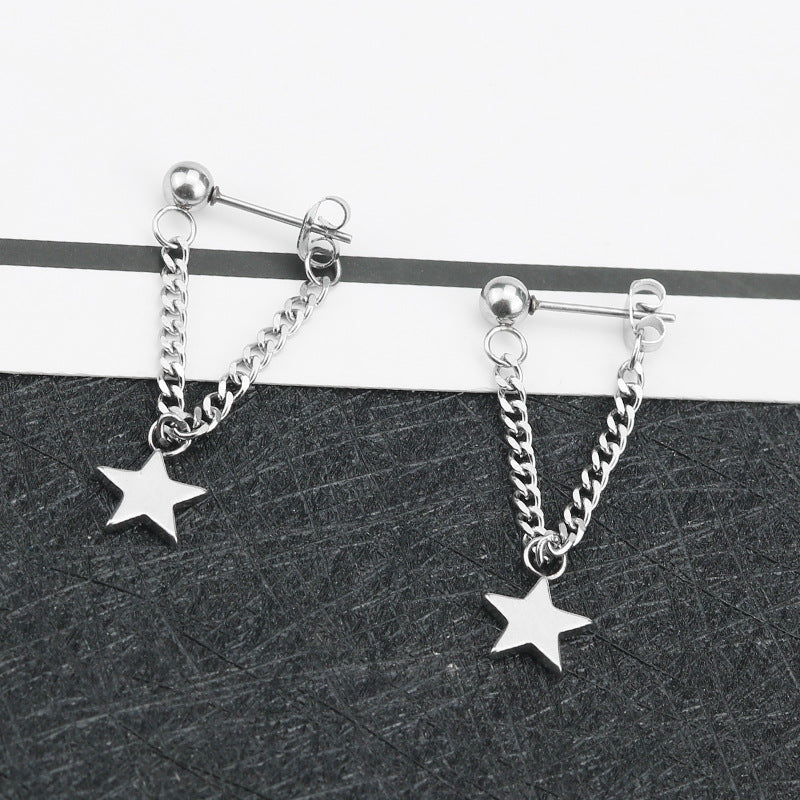 Wholesale 6pcs five-pointed star simple fashion titanium steel tassel long pendant earrings