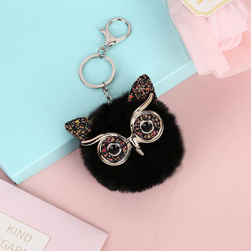 Wholesale Gold Powder Sequin Owl Imitation Otter Rabbit Fur Ball Keychain