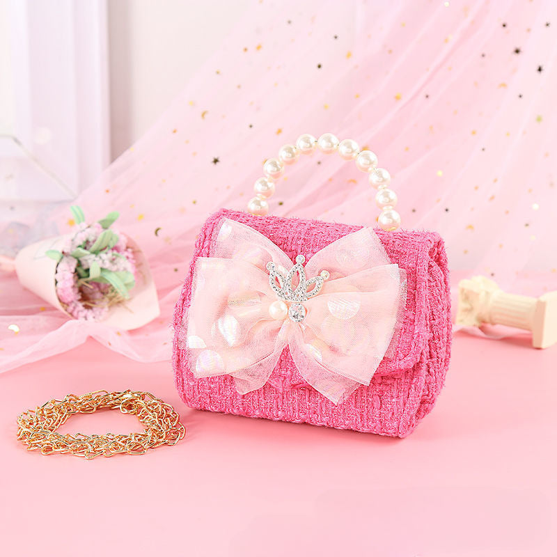 Wholesale Canvas Children's Bag Crown Colorful Bow Handbag Pearl Diagonal Straddle Bag