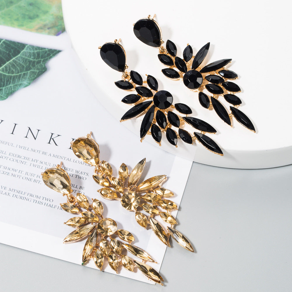 Wholesale Stylish Black Alloy Long Wing Rhinestone Drop Earrings For Evening Party Wear Boutique Resale