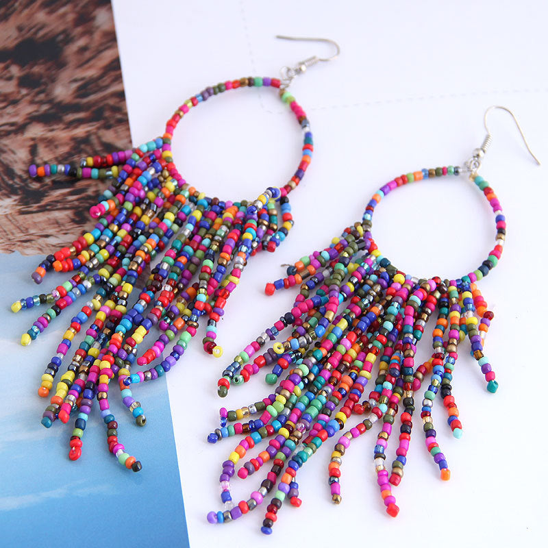 Wholesale Rice Beads Fashion Boho Style Beaded Tassel Drop Earrings