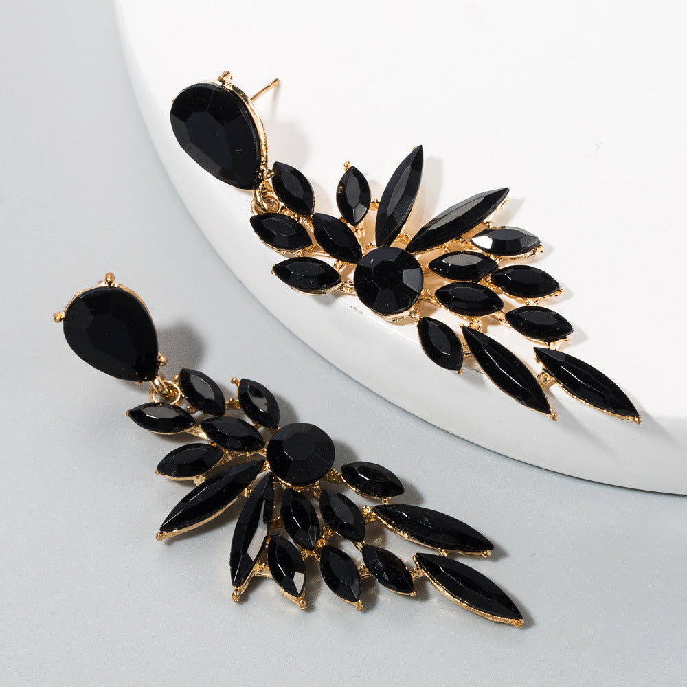 Wholesale Stylish Black Alloy Long Wing Rhinestone Drop Earrings For Evening Party Wear Boutique Resale