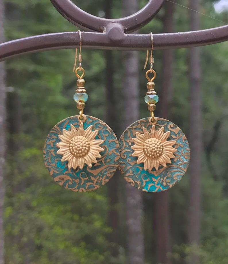 Wholesale Retro Bohemian Color Separation Double Layer Sunflower Pattern Earrings