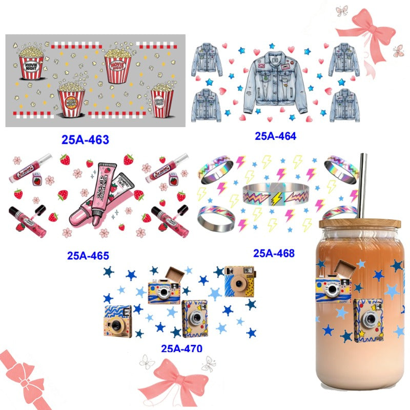 Wholesale 1pcs/5pcs Cartoon Popcorn Cowboy Jacket Cosmetics Ring Camera 16 Oz Cup UV DTF Wraps
