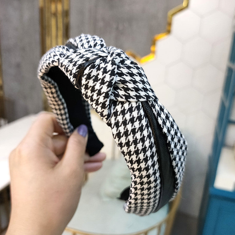 Wholesale Wide-brimmed Houndstooth Leather Knotted Headband