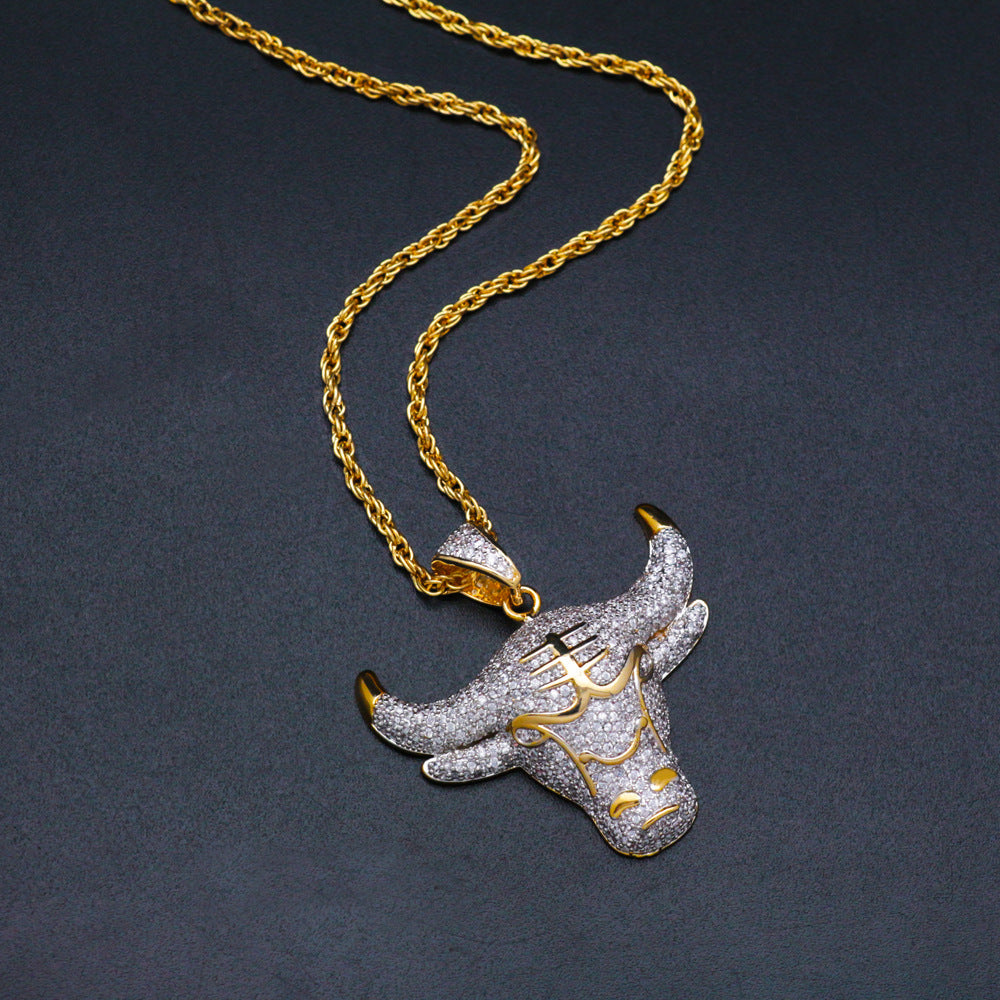 Wholesale Micropaved Zirconia Bull Head Men's Necklace Sweater Chain