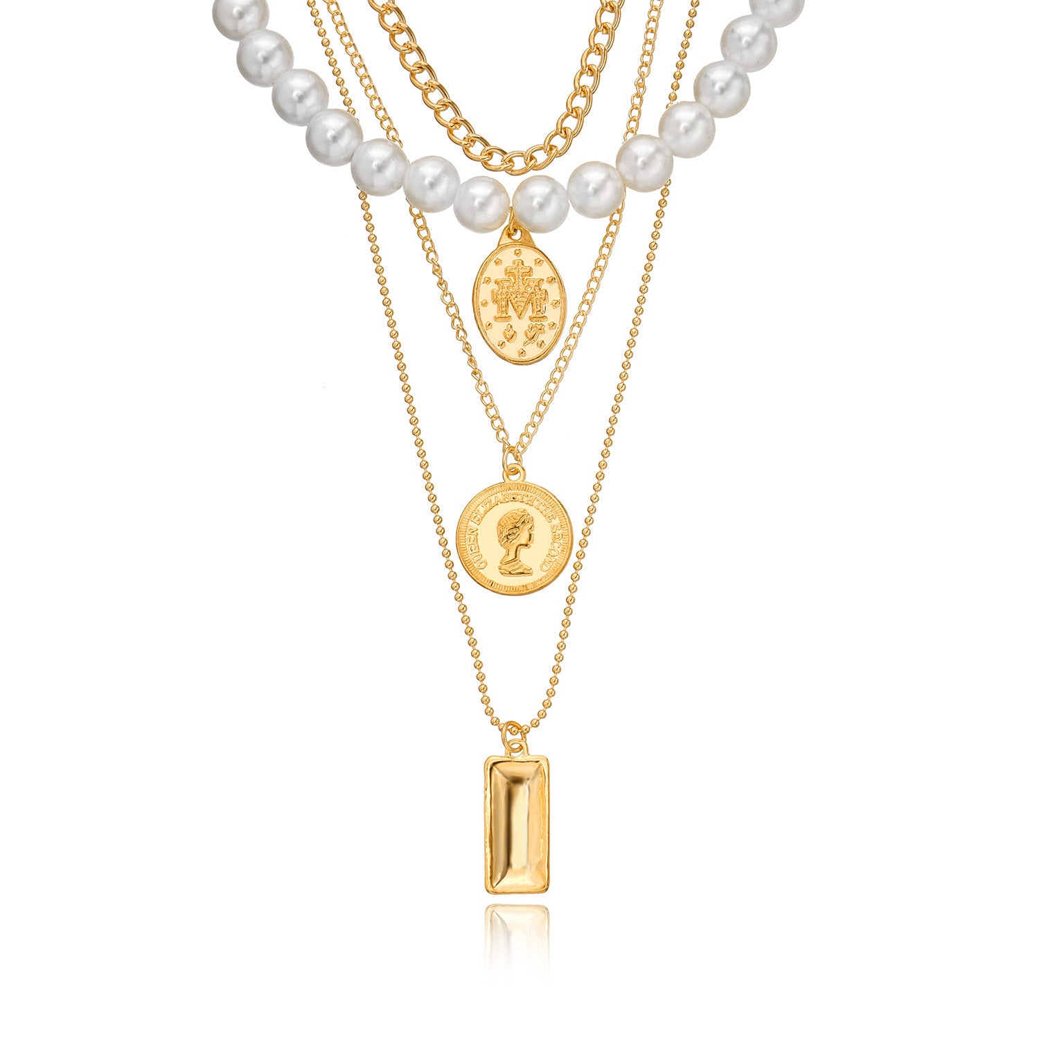 Wholesale Pearl Round Medal Beauty Head Pendant Multilayer Necklaces