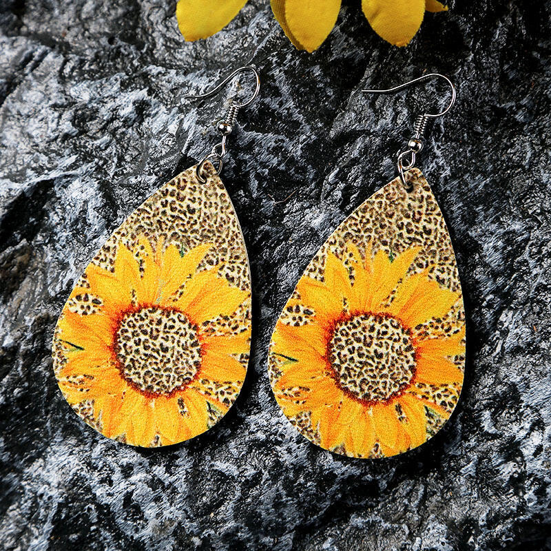 Wholesale Leopard Print Sunflower Water Drop Leather Earrings