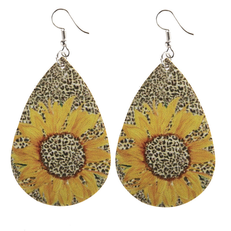 Wholesale Leopard Print Sunflower Water Drop Leather Earrings
