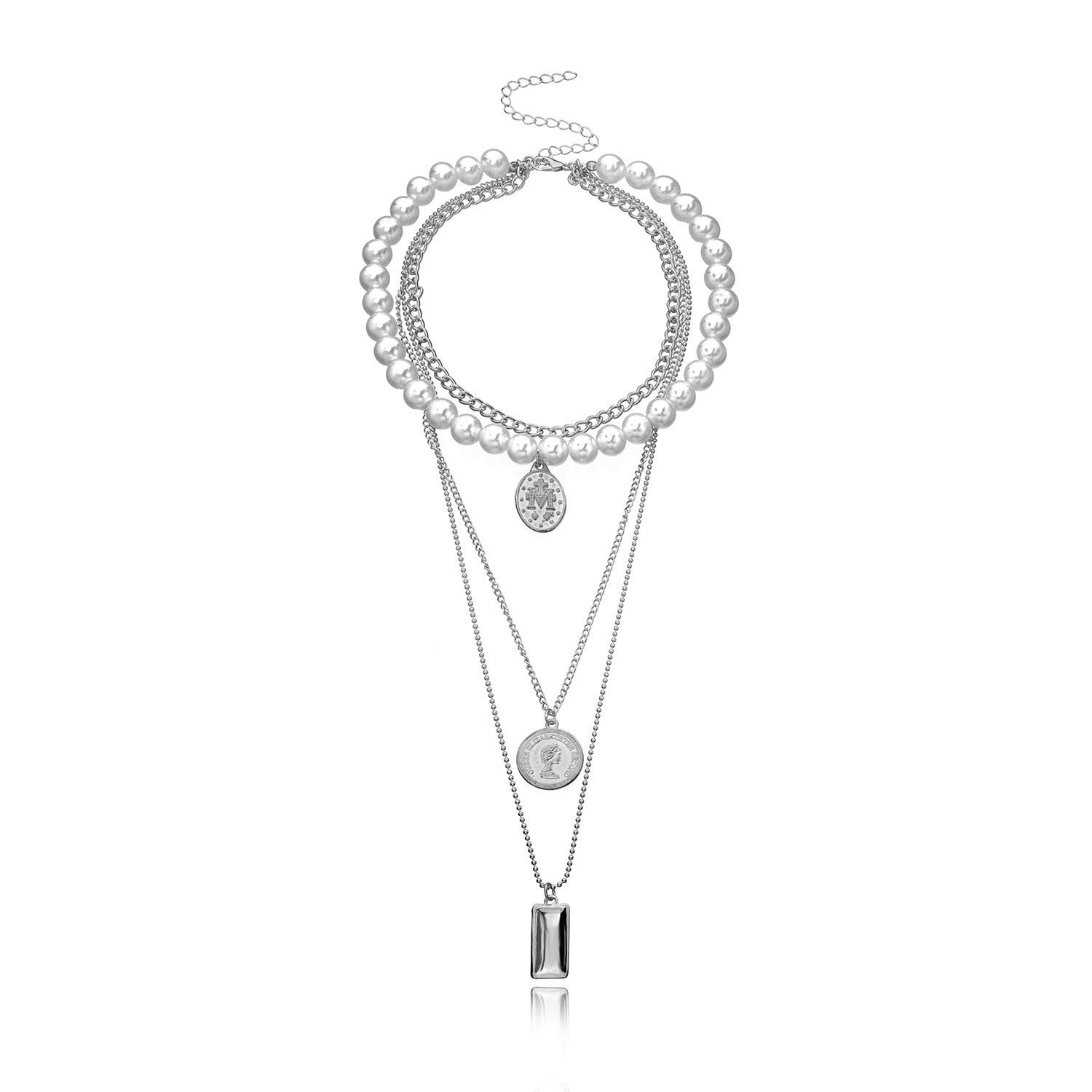 Wholesale Pearl Round Medal Beauty Head Pendant Multilayer Necklaces