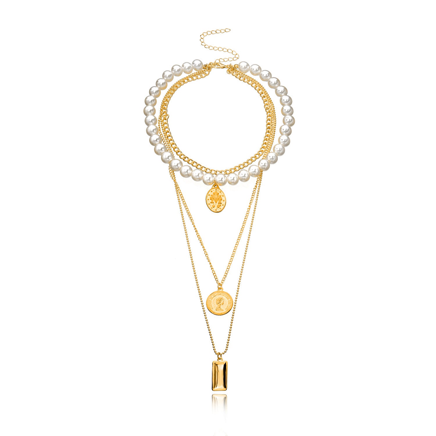 Wholesale Pearl Round Medal Beauty Head Pendant Multilayer Necklaces