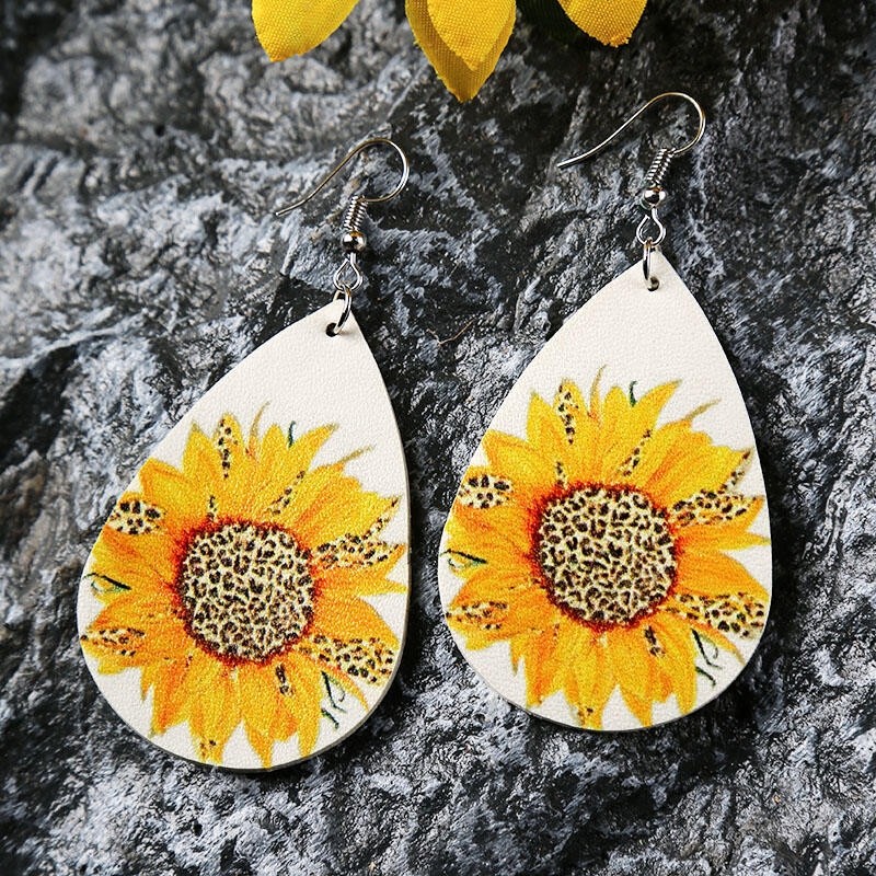 Wholesale Leopard Print Sunflower Water Drop Leather Earrings