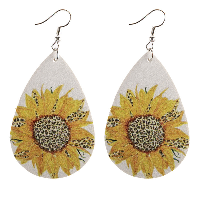 Wholesale Leopard Print Sunflower Water Drop Leather Earrings