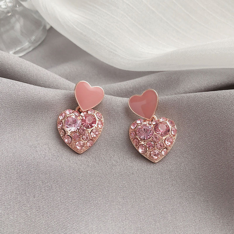 Wholesale 925 Silver Needle Pink Diamond Heart Female Earrings