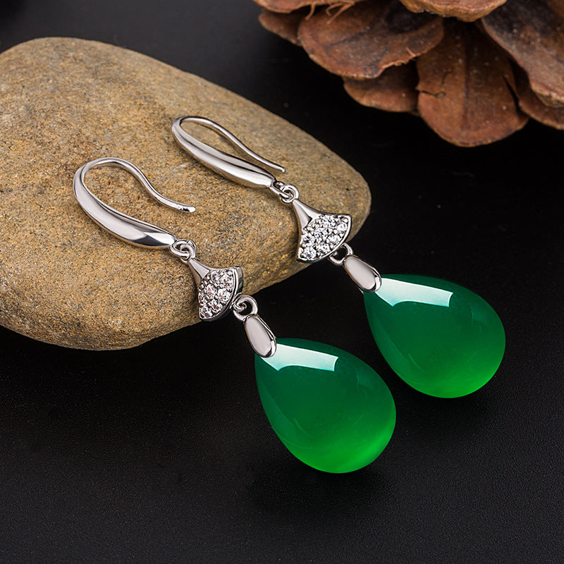 Wholesale Ethnic style teardrop-shaped green agate earrings with micro-diamonds long