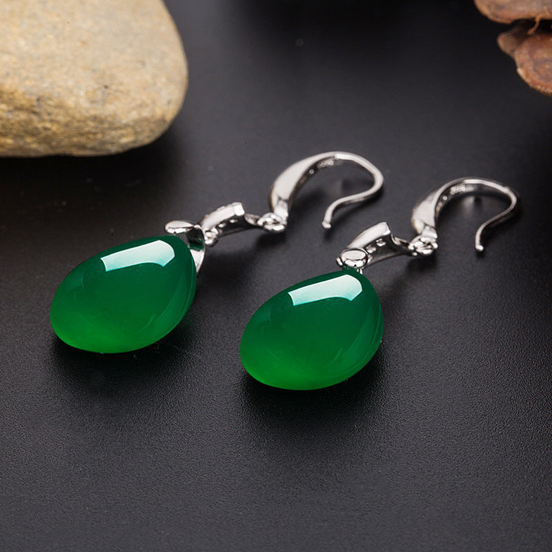 Wholesale Ethnic style teardrop-shaped green agate earrings with micro-diamonds long