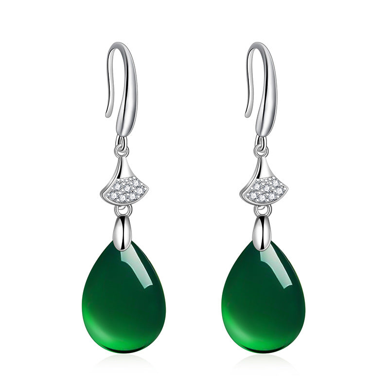 Wholesale Ethnic style teardrop-shaped green agate earrings with micro-diamonds long