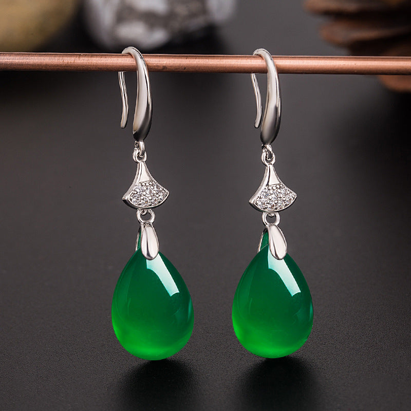 Wholesale Ethnic style teardrop-shaped green agate earrings with micro-diamonds long