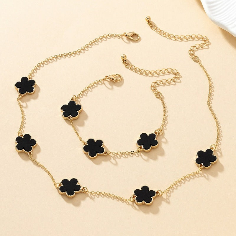 Wholesale Alloy Delicate Black Imitation Mother-of-Pearl Flower Bracelet Necklace