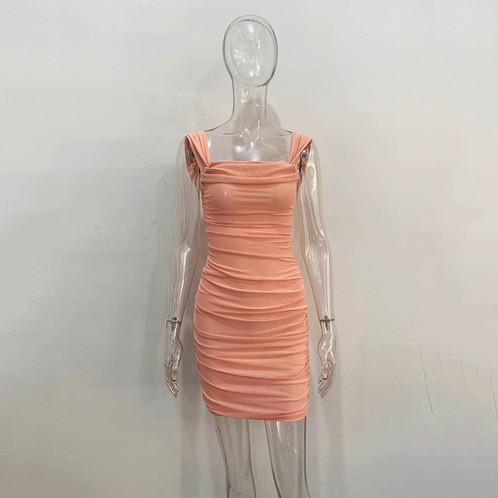 Wholesale Suspender One-shoulder Neck Mesh Sexy Hip Dress