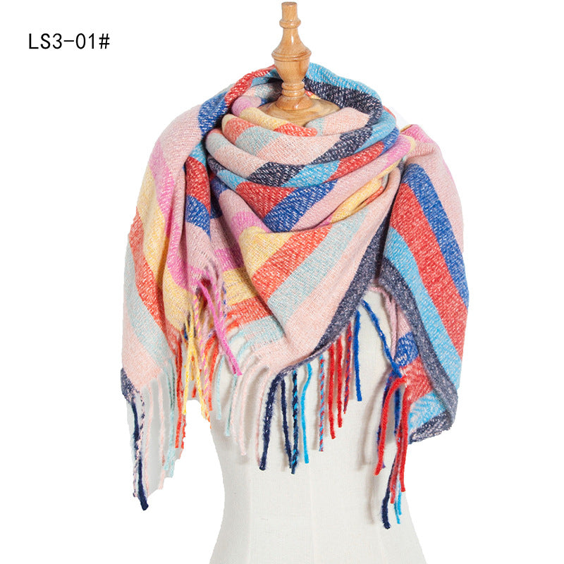 Wholesale Autumn and Winter Hoop Yarn Striped Full Polyester Long Tassel Thorn Wool Square Scarf
