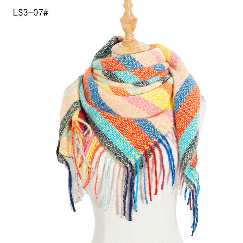 Wholesale Autumn and Winter Hoop Yarn Striped Full Polyester Long Tassel Thorn Wool Square Scarf