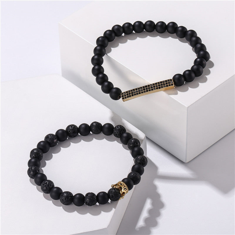 Wholesale Black Matte Stone Lava Stone Zircon Crown Bracelet